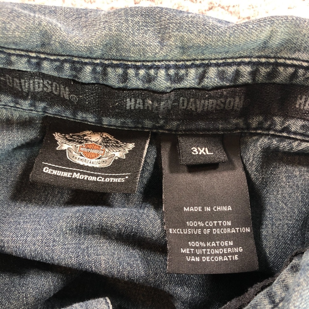 Harley Davidson Shirt Mens 3XL Blue Denim Western Pearl Snap Biker Long Sleeve - Picture 8 of 11